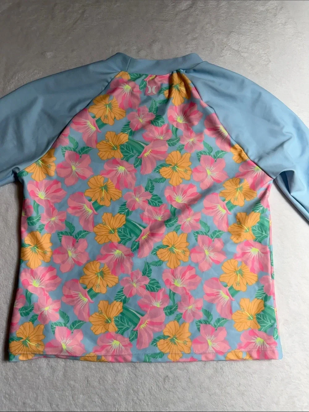 Hurley Girl’s Cute Long-Sleeve Floral Rash Guard Swim Set - Light Blue & Pink